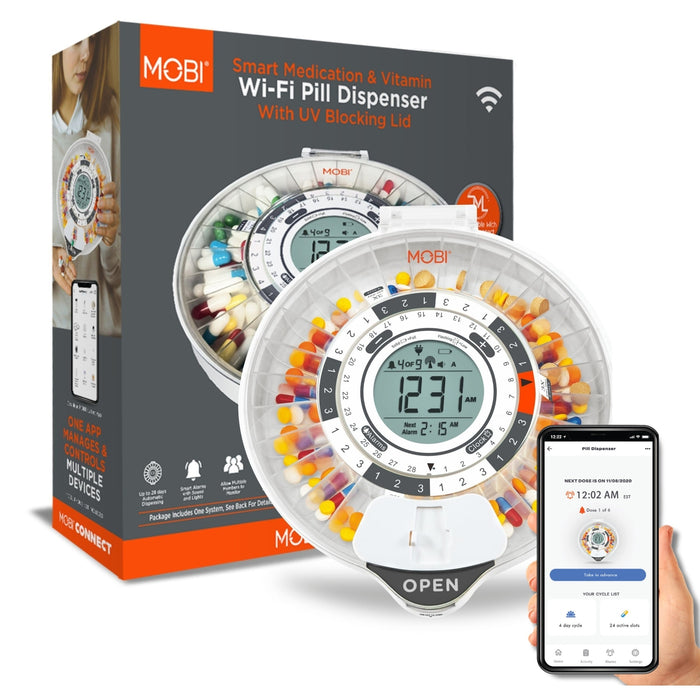 Mobi Smart Medication WiFi Pill Dispenser With UV Blocking Lid 28 Day Capacity