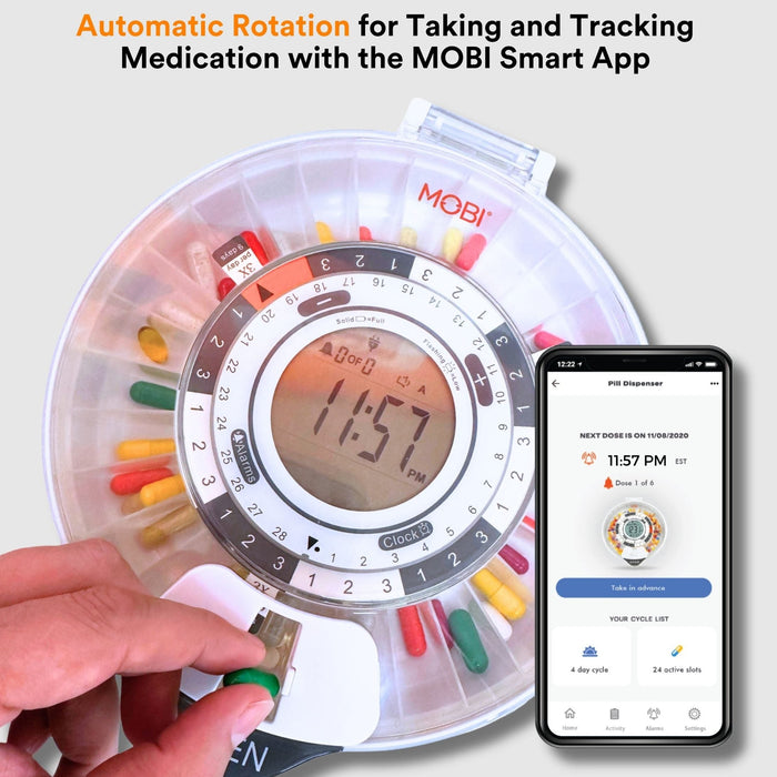 Mobi Smart Medication WiFi Pill Dispenser With UV Blocking Lid 28 Day Capacity