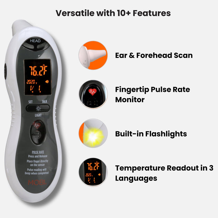 Mobi DualScan Ultra Pulse Talking Ear and Forehead Thermometer with 10+ Features