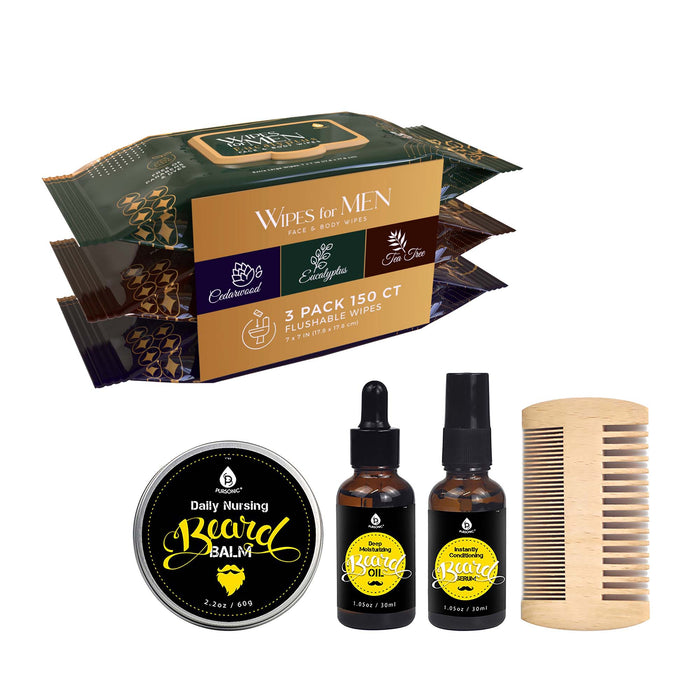 Pursonic Assorted Face & Body Wipes + Pursonic Beard Care Grooming Kit Men’s Grooming Essentials Bundle shophomemed