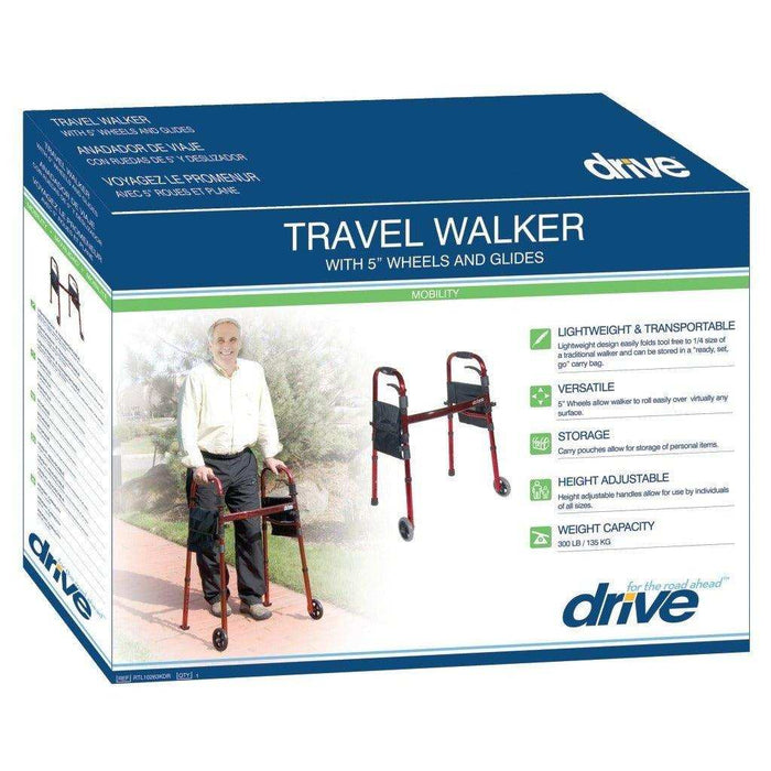 Drive Medical Portable Folding Walker with 5" Wheels and Fold up Legs - Elvoros