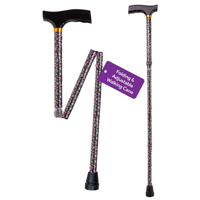 Adjustable Height Folding Black Floral Design Walking Cane shophomemed