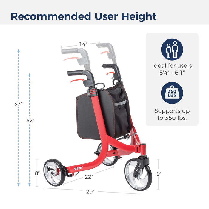 Drive Medical Nitro Euro Style 3-Wheel Rollator Rolling Walker - Elvoros