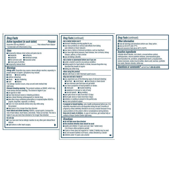 Advil Pain Reliever and Fever Reducer Ibuprofen Tablets - 200 Count - Elvoros