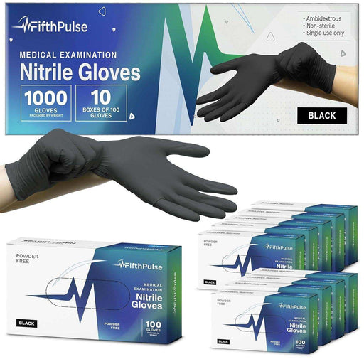 FifthPulse Medical Exam Black Nitrile Gloves - 10 Boxes of 100 Count - Elvoros