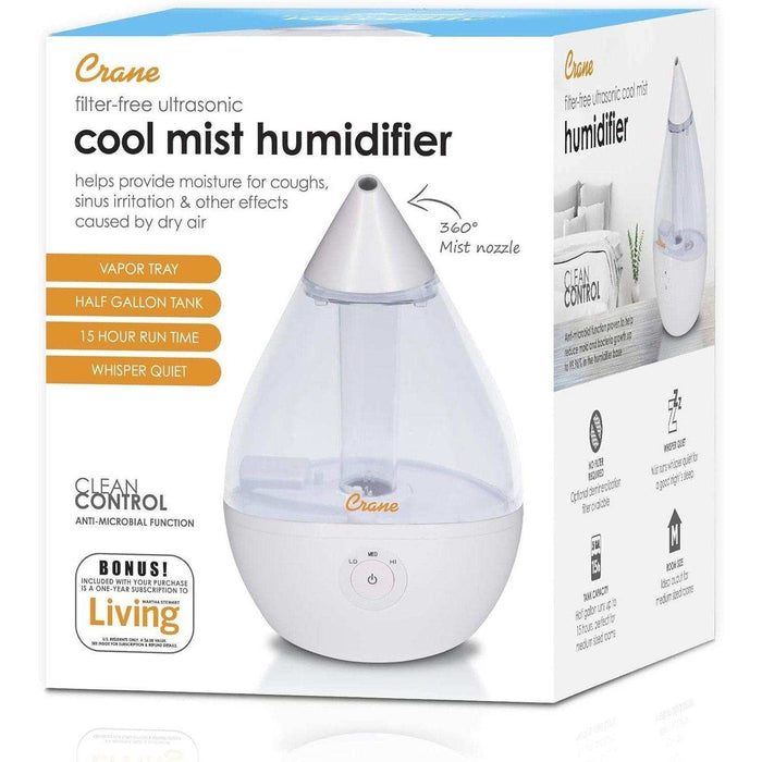 Crane Droplet Ultrasonic Cool Mist Humidifier Clear/White - 0.5 Gallon - Elvoros