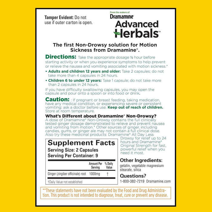 Dramamine Advanced Herbals Non-Drowsy Motion Sickness Relief Capsules - 18 Ct