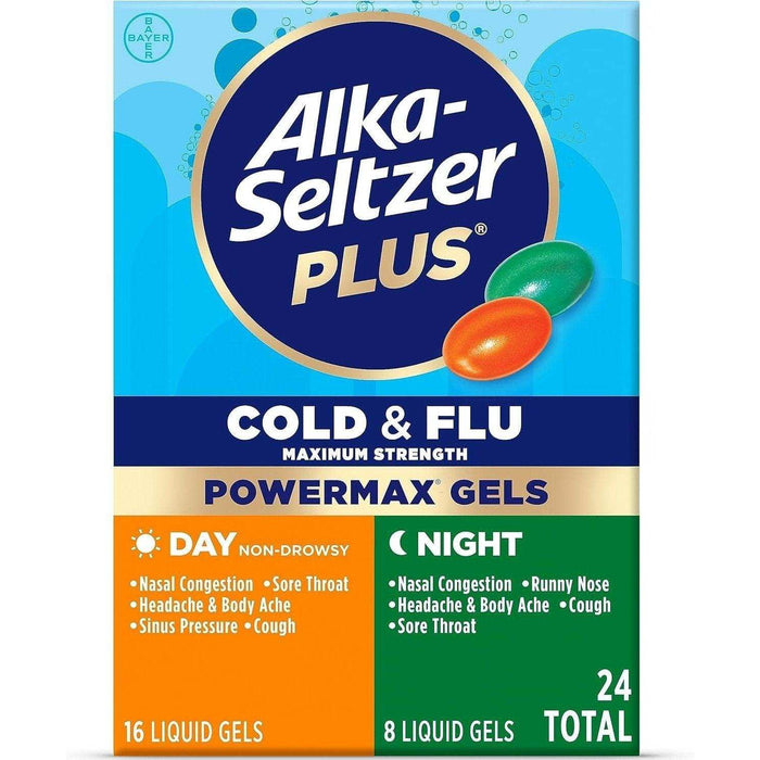 Alka-Seltzer Plus Cold & Flu Powermax Gels - Day 16 Ct + Night 8 Ct - Elvoros