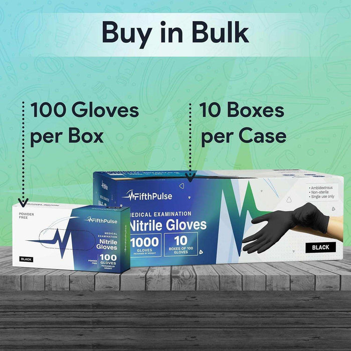FifthPulse Medical Exam Black Nitrile Gloves - 10 Boxes of 100 Count - Elvoros
