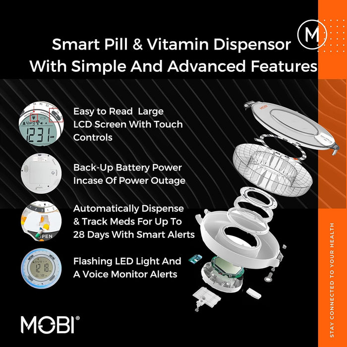 Mobi Smart Medication WiFi Pill Dispenser With UV Blocking Lid 28 Day Capacity