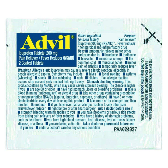 Advil Ibuprofen Tablets Refill Pack - Two Tablets/Packet (30 Packets) - Elvoros