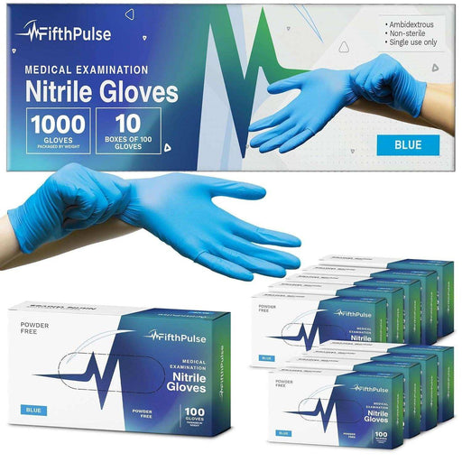 FifthPulse Medical Exam Blue Nitrile Gloves - 10 Boxes of 100 Ct - Elvoros