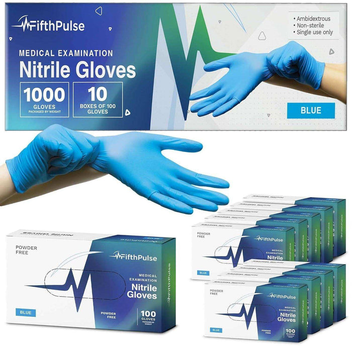 FifthPulse Medical Exam Blue Nitrile Gloves - 10 Boxes of 100 Ct - Elvoros