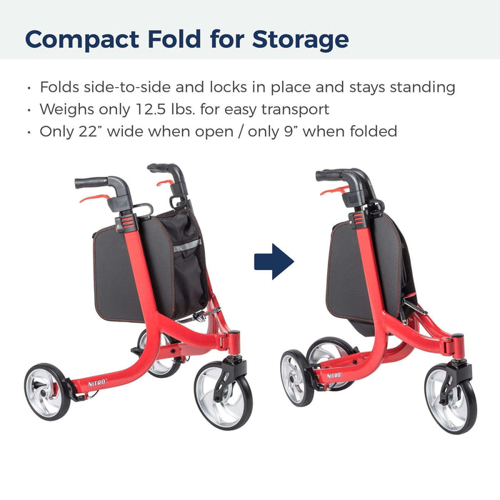 Drive Medical Nitro Euro Style 3-Wheel Rollator Rolling Walker - Elvoros