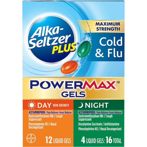 Alka-Seltzer Plus Cold & Flu Powermax Gels - Day 12 Ct + Night 4 Ct - Elvoros