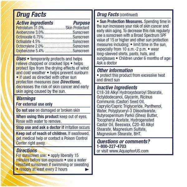 Aquaphor Lip Repair Stick + Sunscreen SPF 30 Lip Balm - 4.8 g - Elvoros