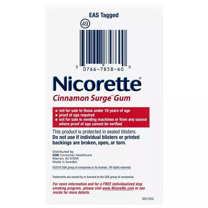 Nicorette Smoking Cessation Aid 4Mg Gum Cinnamon Surge - 100Ct