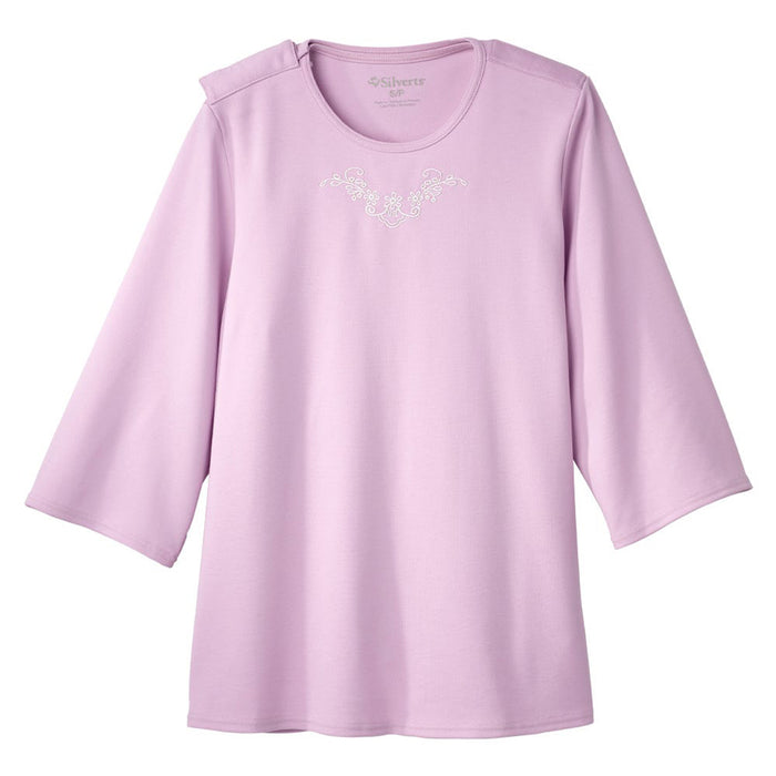 Silverts Women's Open Back 3/4 Length Sleeve Adaptive Shirt with Embroidery