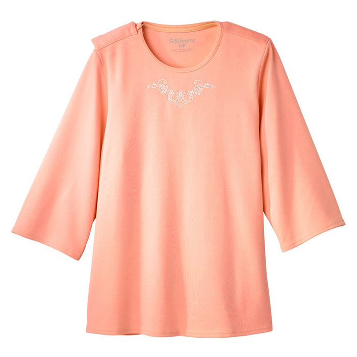 Silverts Women's Open Back 3/4 Length Sleeve Adaptive Shirt with Embroidery