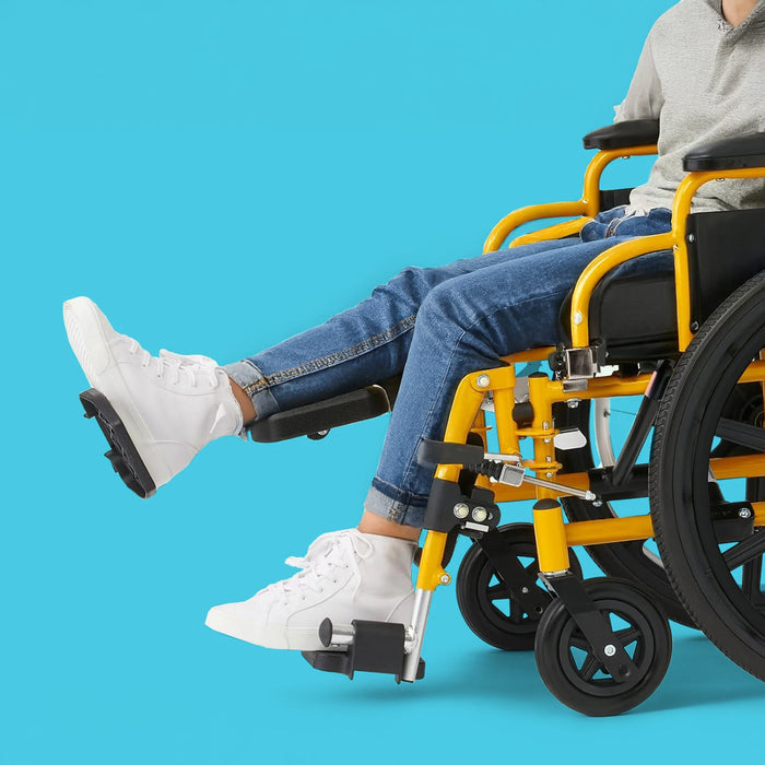 Yellow Wheelchair with leg up 