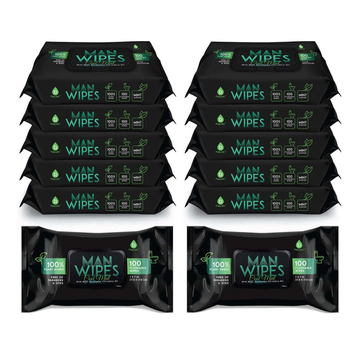 Pursonic Flushable Man Wipes 1200 Mint-Scented Aloe Vitamin E Plant-Based - 12 Ct