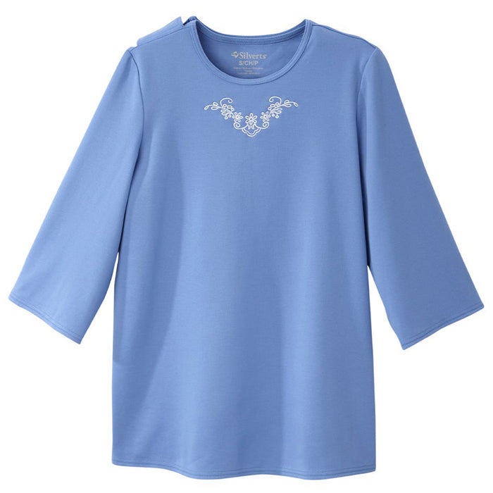 Silverts Women's Open Back 3/4 Length Sleeve Adaptive Shirt with Embroidery