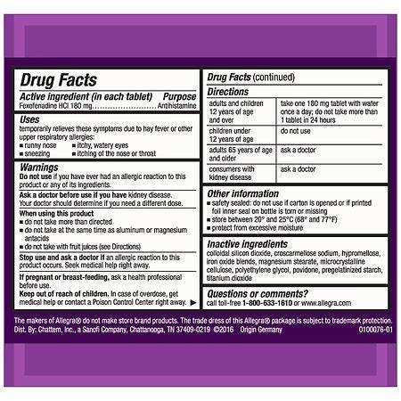 Allegra Adult 24HR Tablet 180 mg, Allergy Relief - Elvoros