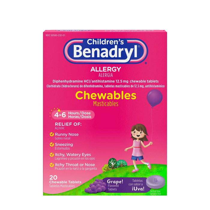 Benadryl Childrens Allergy Chewables Grape 20 Tablets - Elvoros
