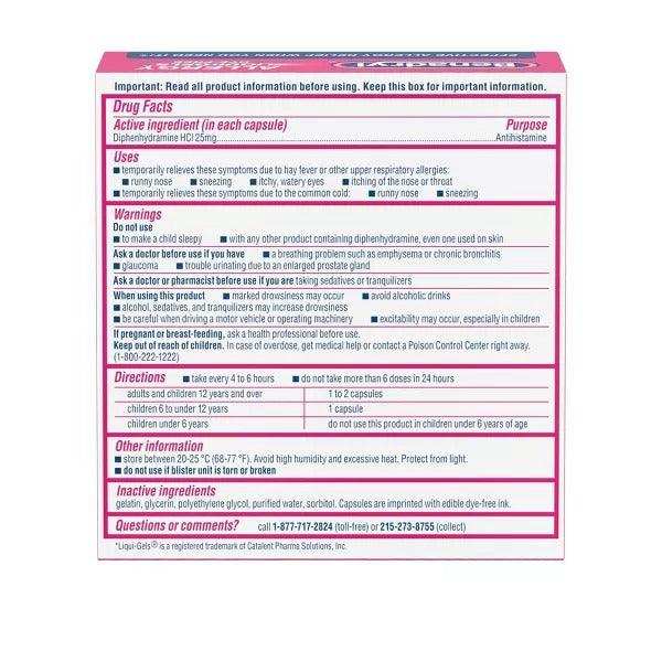 Benadryl Liqui-Gels Diphenhydramine Allergy and Sinus Treatment - 48 Capsules - Elvoros