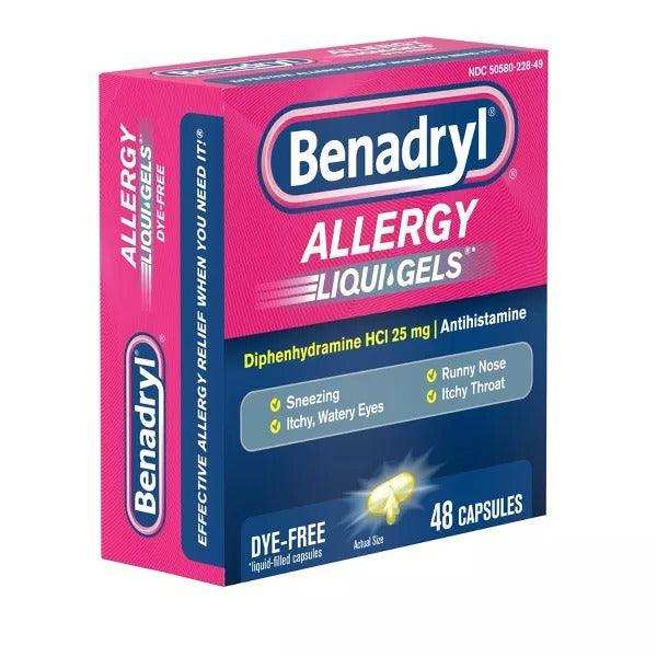 Benadryl Liqui-Gels Diphenhydramine Allergy and Sinus Treatment - 48 Capsules - Elvoros