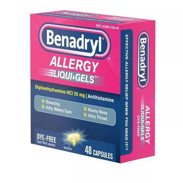 Benadryl Liqui-Gels Diphenhydramine Allergy and Sinus Treatment - 48 Capsules - Elvoros