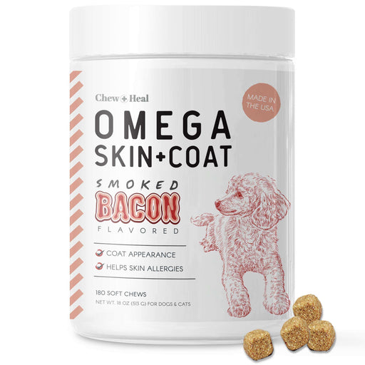 Chew + Heal Omega Skin and Coat for Dogs - 180 Chews - Smoked Bacon Flavor - Elvoros