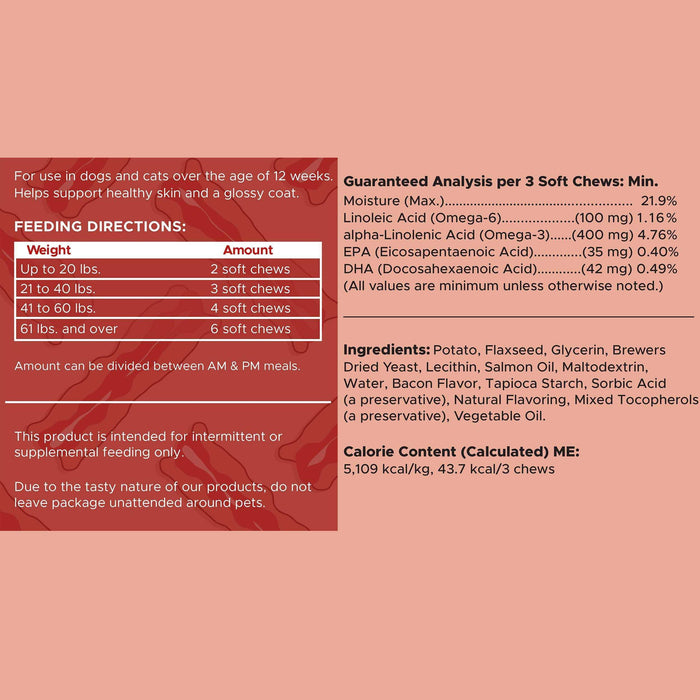 Chew + Heal Omega Skin and Coat for Dogs - 180 Chews - Smoked Bacon Flavor - Elvoros