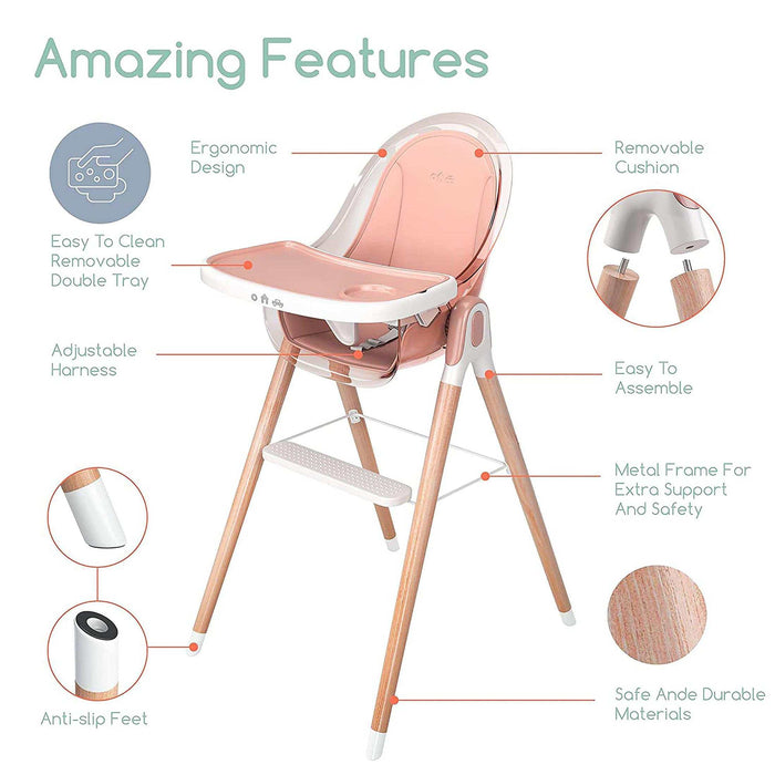 Children Of Design Non-Reclinable Classic Wooden High Chair with Cushion - Pink - Elvoros