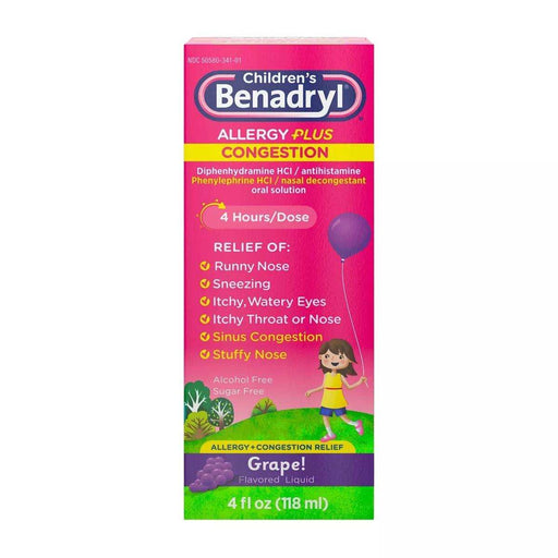 Children's Benadryl Allergy Plus Congestion Relief Liquid Grape - 4 fl oz - Elvoros