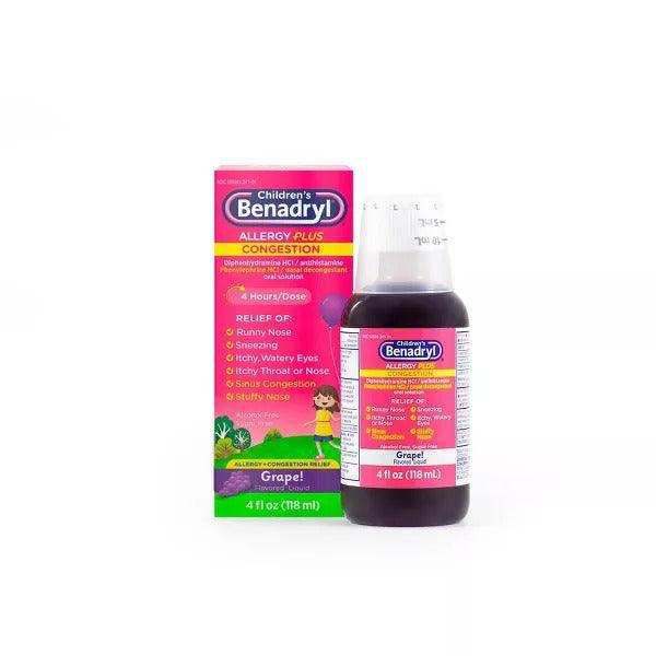 Children's Benadryl Allergy Plus Congestion Relief Liquid Grape - 4 fl oz - Elvoros