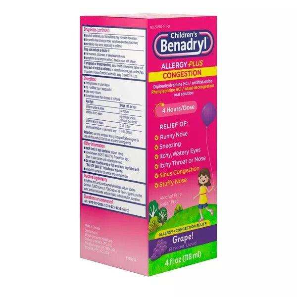 Children's Benadryl Allergy Plus Congestion Relief Liquid Grape - 4 fl oz - Elvoros