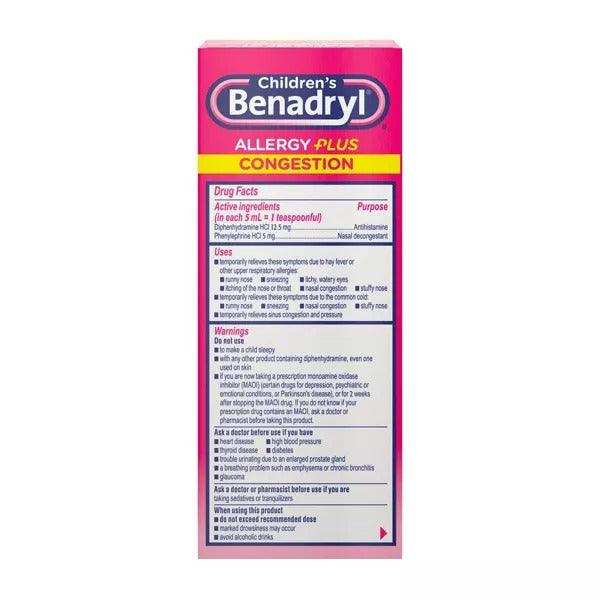 Children's Benadryl Allergy Plus Congestion Relief Liquid Grape - 4 fl oz - Elvoros