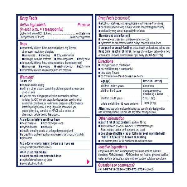 Children's Benadryl Allergy Plus Congestion Relief Liquid Grape - 4 fl oz - Elvoros