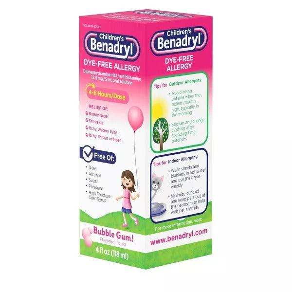 Children's Benadryl Dye-Free Allergy Relief Liquid Bubble Gum - 4 fl oz - Elvoros