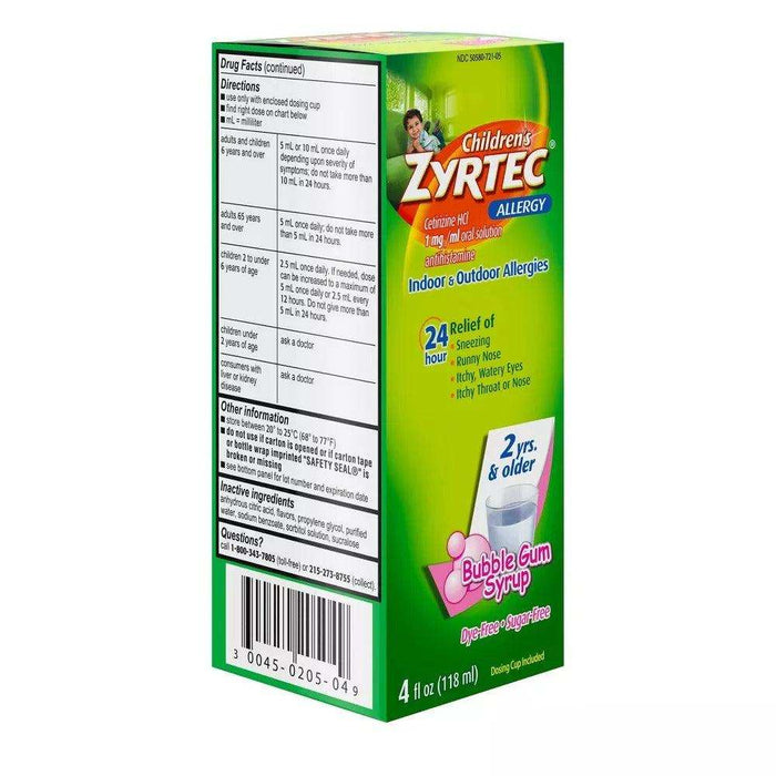 Children's Zyrtec 24 Hour Allergy Relief Syrup - Bubble Gum - Cetirizine - 4 fl oz - Elvoros