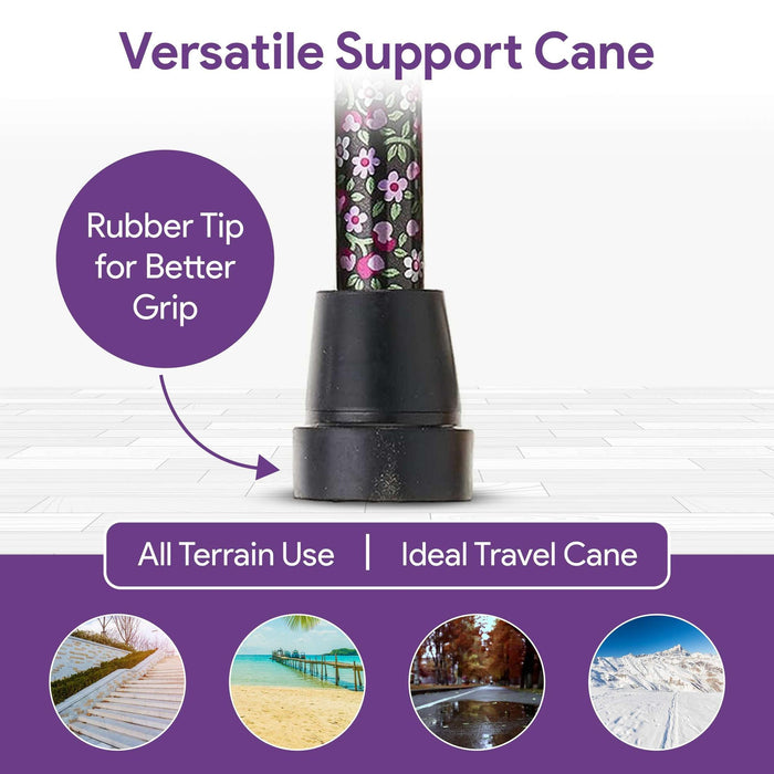 Adjustable Height Folding Black Floral Design Walking Cane shophomemed