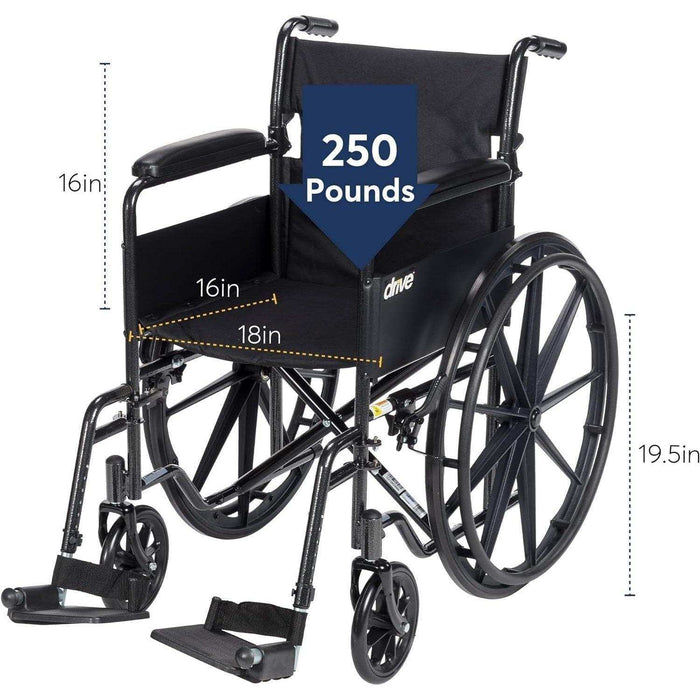 Drive Medical Silver Sport 1 Wheelchair with Full Arms and Swing away Removable Footrest - Elvoros