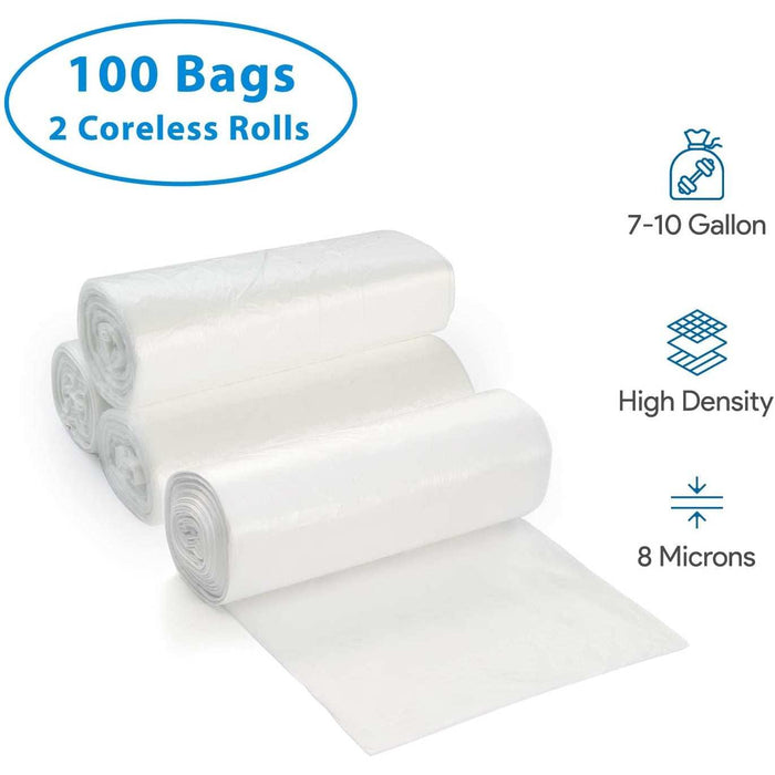 7-10 Gallon Clear Trash Bags, 100 Count - Small - Medium - High Density, 8 Microns 2 Coreless Rolls