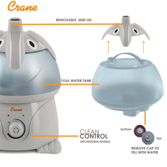 Crane Adorable Ultrasonic Cool Mist Humidifier Elephant - 1 Gallon - Elvoros