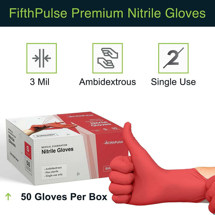 FifthPulse Burgundy Nitrile Exam Gloves - Elvoros