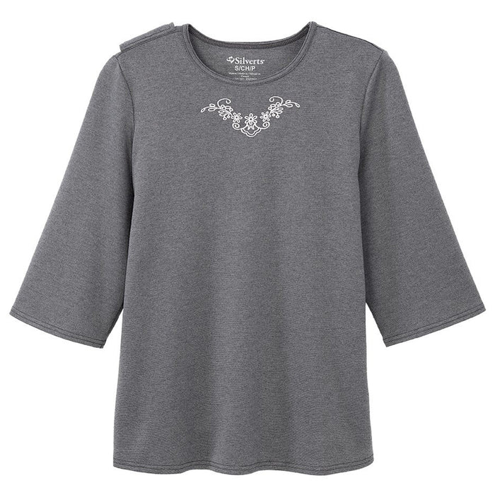 Silverts Women's Open Back 3/4 Length Sleeve Adaptive Shirt with Embroidery