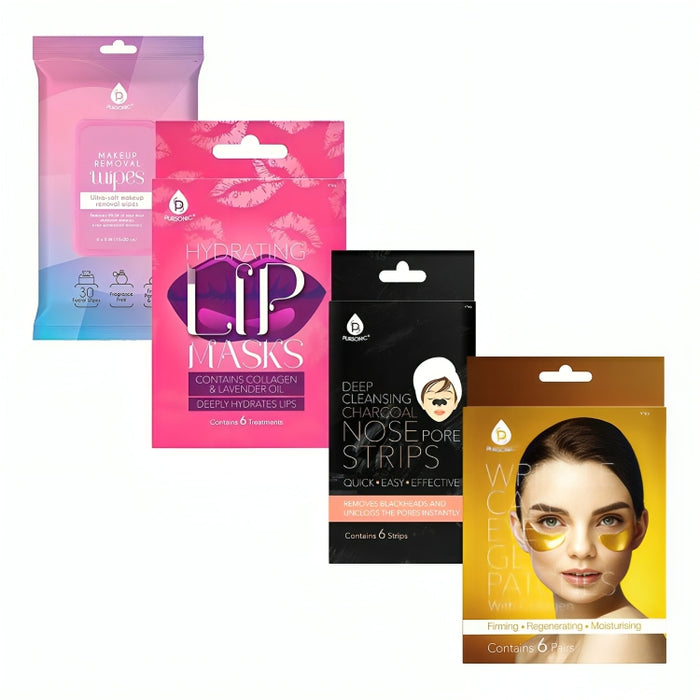 Pursonic Radiant Skin & Lip Care Bundle - Makeup Removal Wipes, Wrinkle Care Eye Gel Patches, Hydrating Lip Masks, & Deep Cleansing Charcoal Nose Strips
