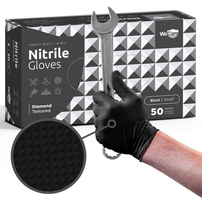 WeCare Diamond Textured 8 Mil Nitrile Gloves - Black - Elvoros