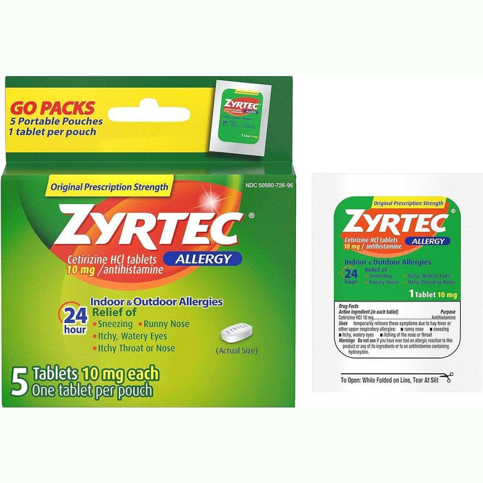 Zyrtec 24 Hour Allergy Relief Tablets, 10 mg Antihistamine with Cetirizine HCl, 5 ct - Elvoros